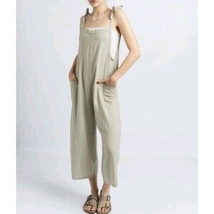 Hunter & Brown Linen Blend Woven Wide Leg Overalls Beige Tie Straps Sz XS